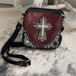 Montana West Burgundy and Black Crossbody Bag with Turquoise Cross